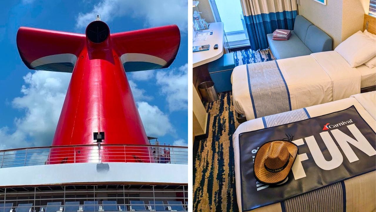 Red funnel of a Carnival cruise ship with the ocean and sky in the background, and a cruise ship cabin with a bed, sofa, and a hat on a blanket that reads "fun.