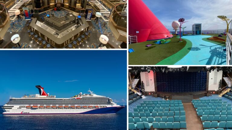 A collage of photos of the Carnival Sunrise cruise ship and a theater.