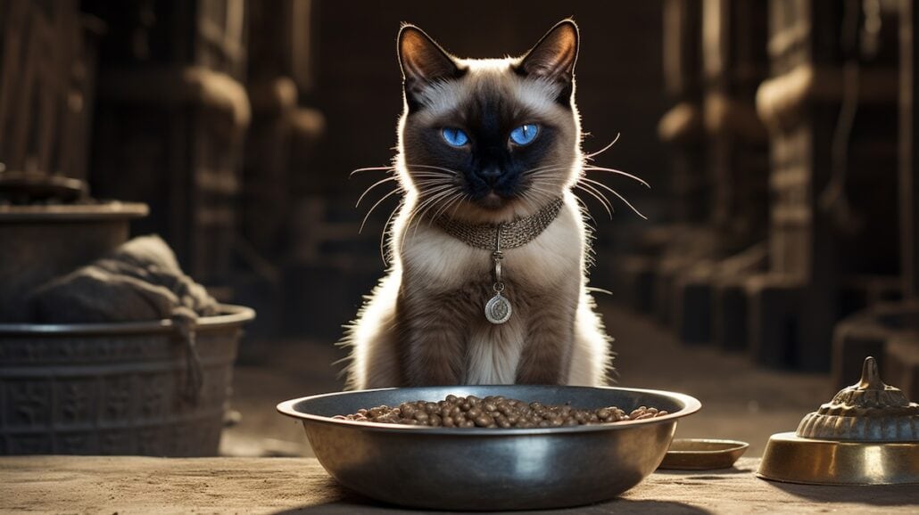 A siamese cat sits in front of a bowl of food