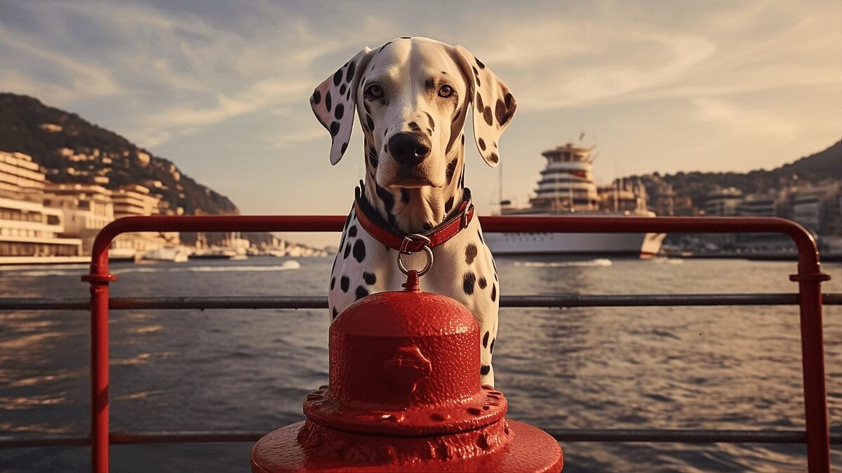 A dog perched on a railing overlooking a red fire hydrant.