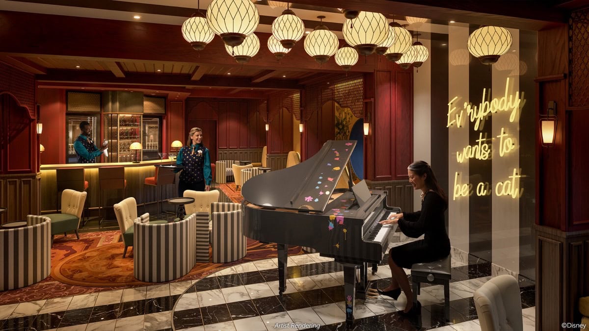 A woman plays a grand piano in an elegant lounge adorned with an illuminated sign reading