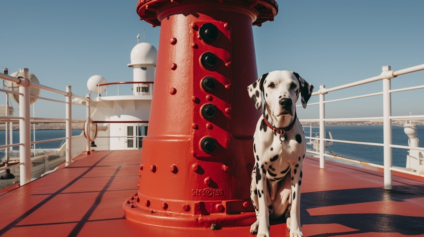 A dalmatian dog sits on the deck of a pet-friendly cruise ship.
