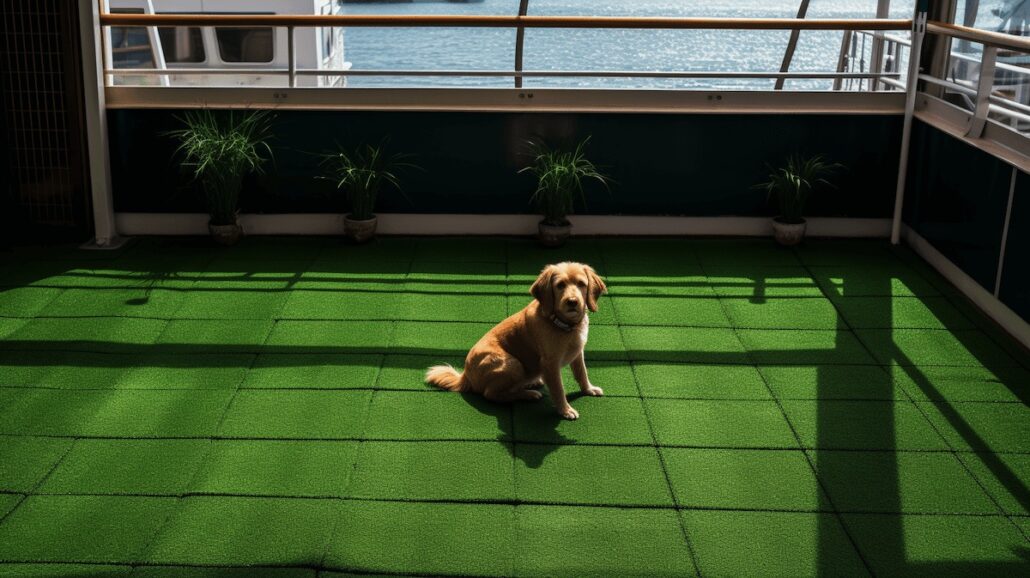 A dog sits on a balcony overlooking the water.