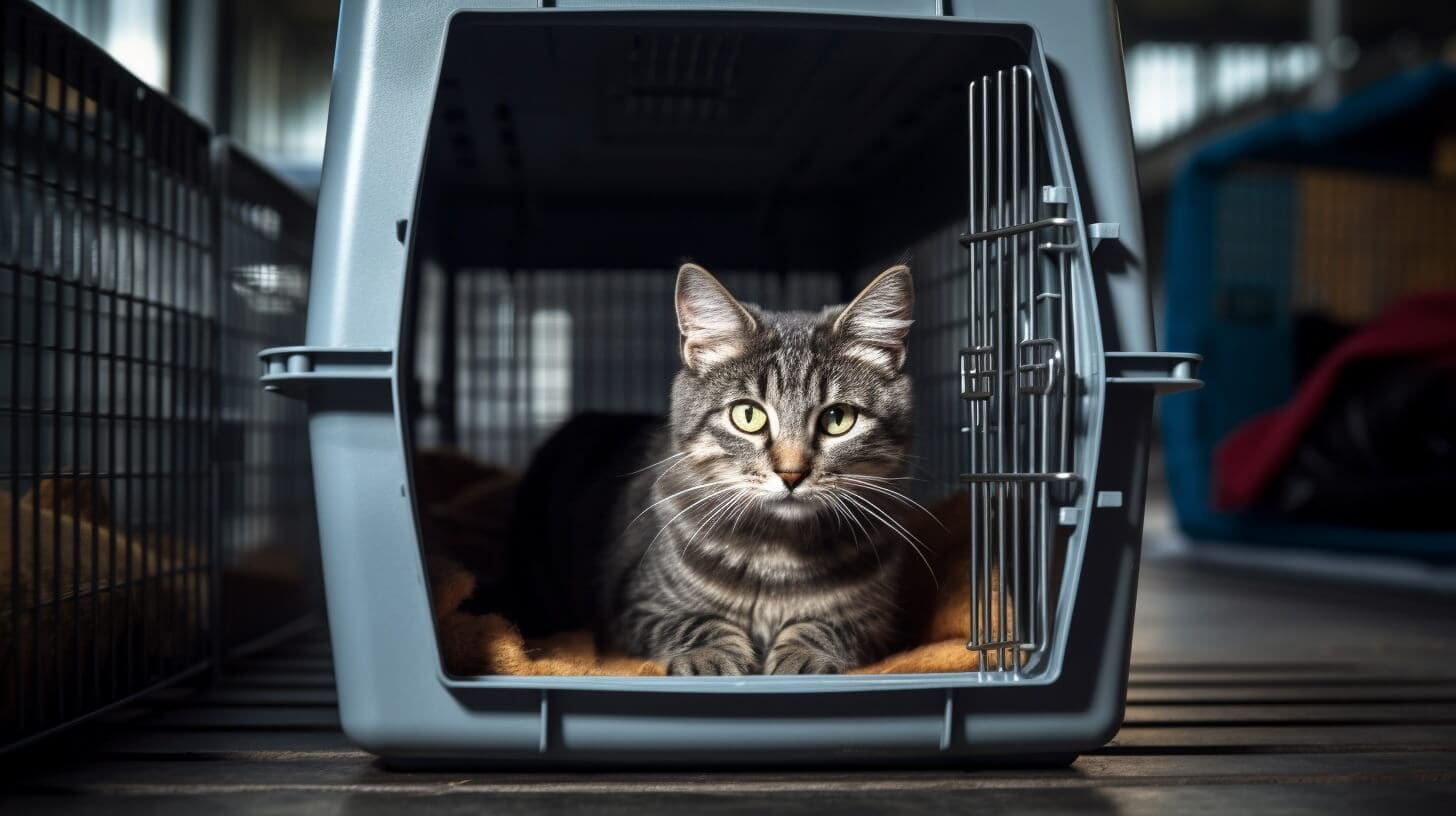 A cat is sitting inside a kennel, potentially preparing for a cruise vacation with pet-friendly amenities provided by certain cruise lines.