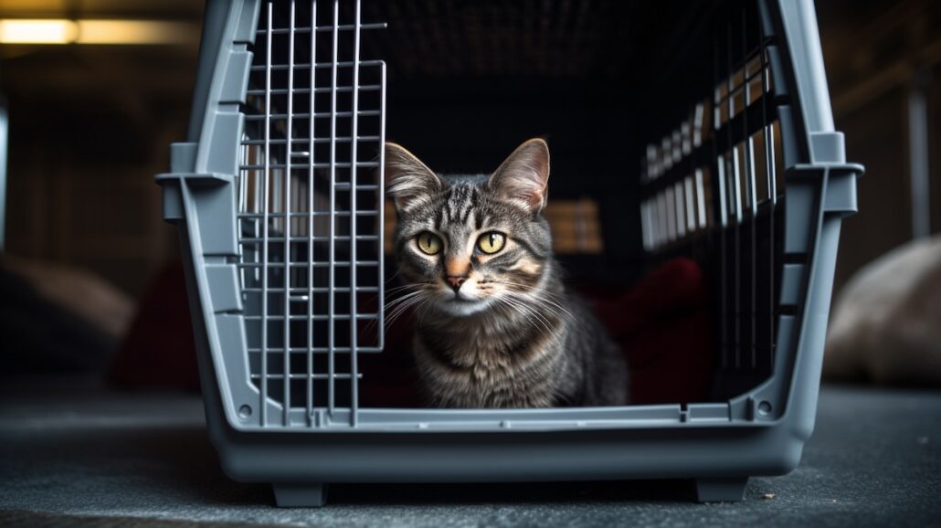 A tabby cat in a cage.