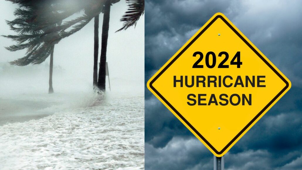 Image split into two: the left side shows strong winds bending palm trees during a storm, while the right side displays a yellow caution sign with