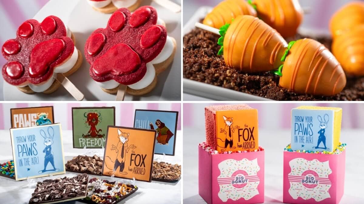 A variety of themed desserts including red paw print-shaped treats on sticks, chocolate-dipped carrot-shaped treats, and decorative dessert boxes and signs, all displayed on a white table at Disney Treasure's featured dining venues—combining good eats with entertainment.