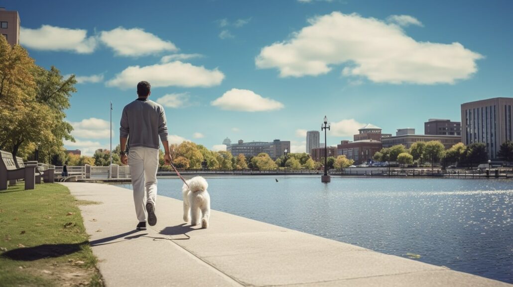 A man walking his dog on a sidewalk near a lake, providing pet care.