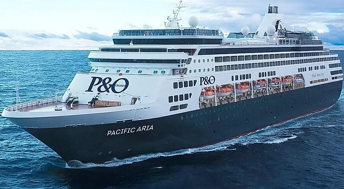 A large cruise ship labeled