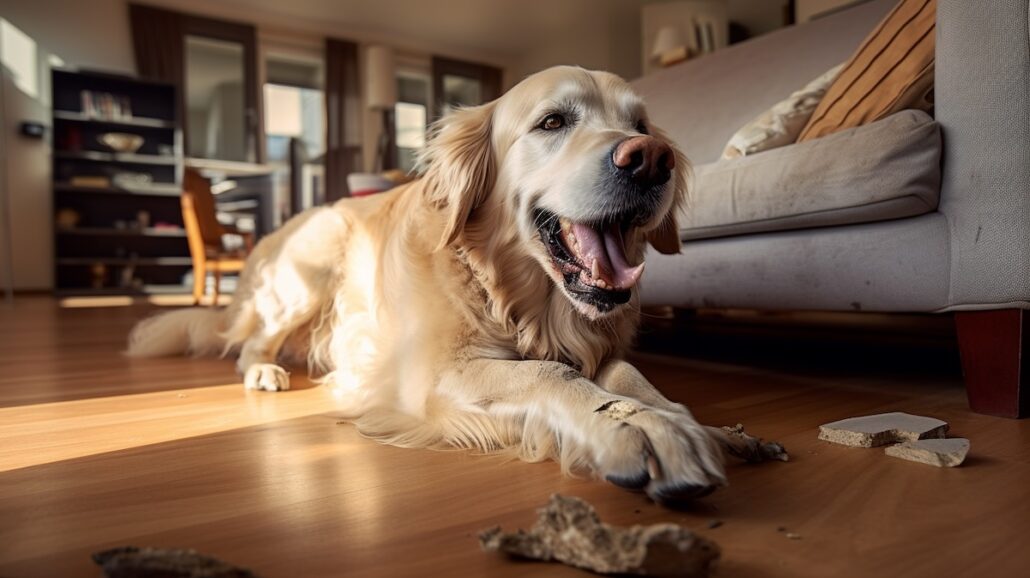 A golden retriever enjoying relaxation in a pet-friendly living room.