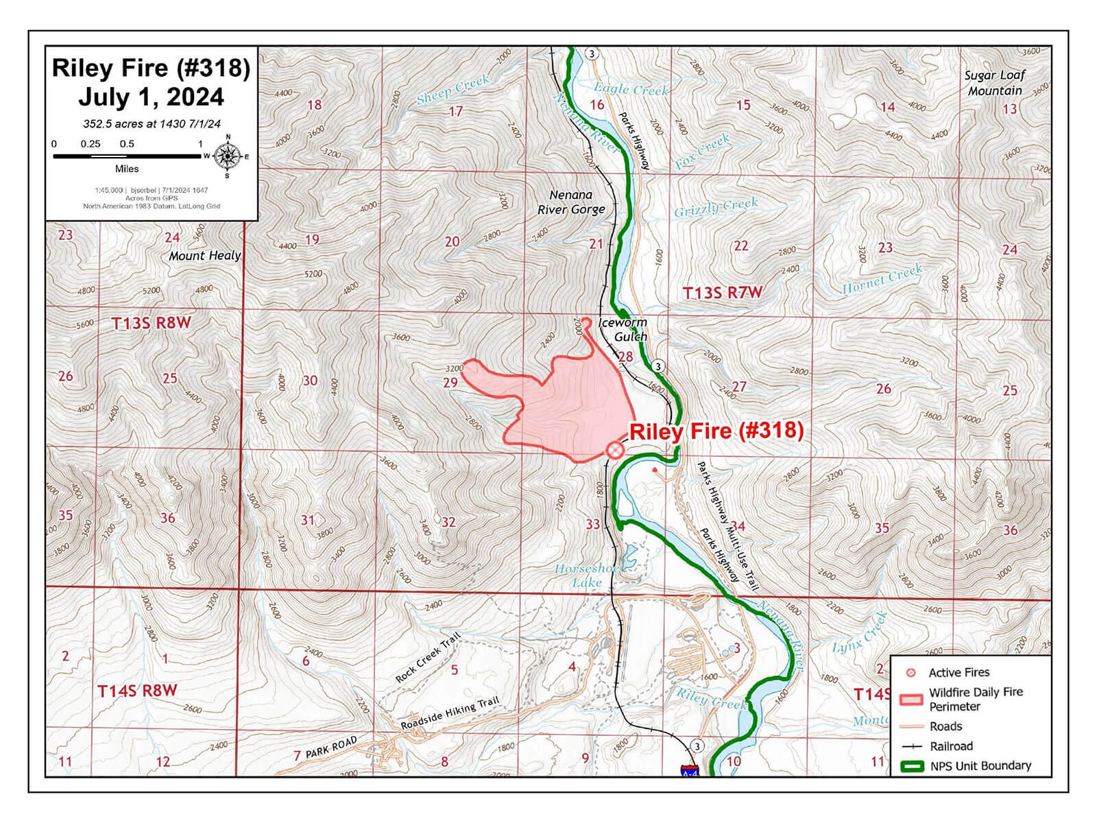 A topographic map depicts the spread of the Riley Fire (#318) as of July 1, 2024. The wildfire perimeter is outlined in red, extending through the Nena Creek and Nena River Gorge areas.