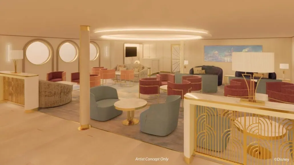 A spacious lounge area with circular windows, various seating arrangements, a central pillar, decorative lighting, and a framed mural on the wall. Note: