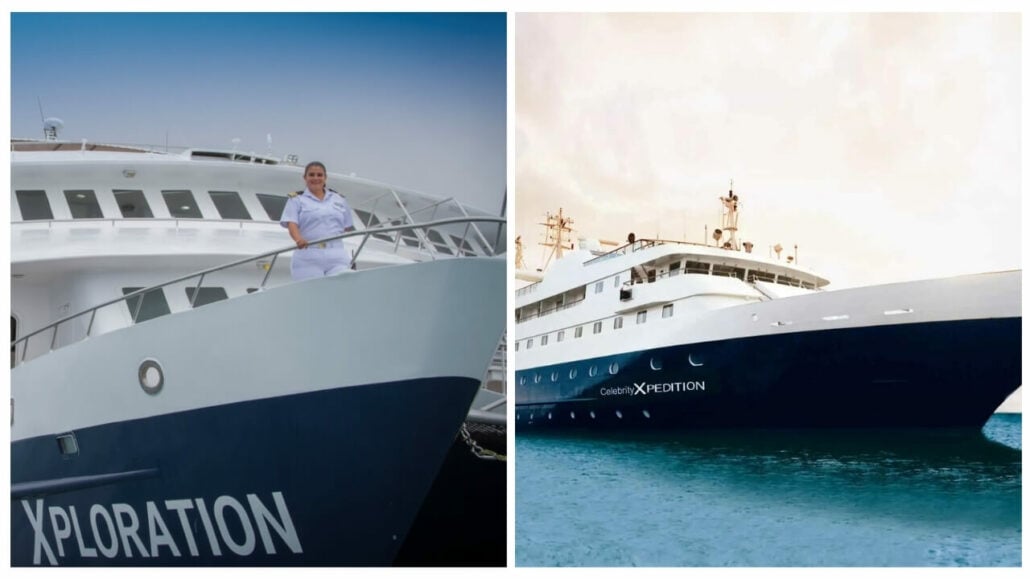 A split image shows two large cruise ships with