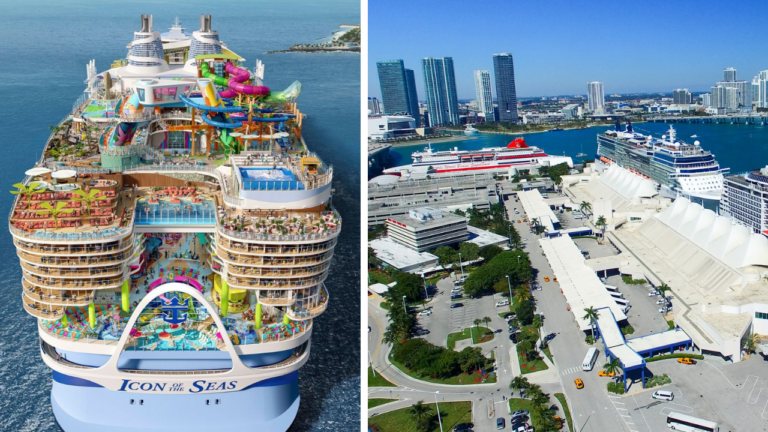 Two pictures of a cruise ship in PortMiami.